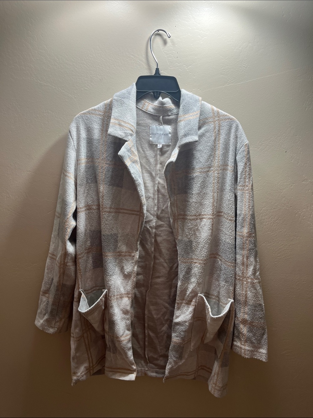 Soft Plaid Open-Front Blazer in Cream and Tan